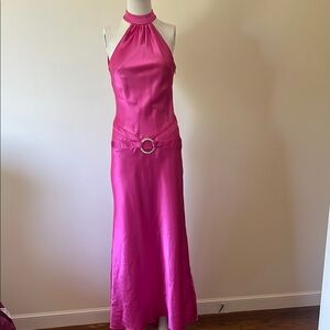 Betsy & Adam Pink Halter Neck Sleeveless Raw Hem Gown